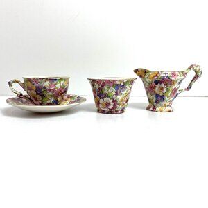 James Kent Fenton Du Barry Floral Chintz Cream Sugar Teacup Saucer 4 Piece Set